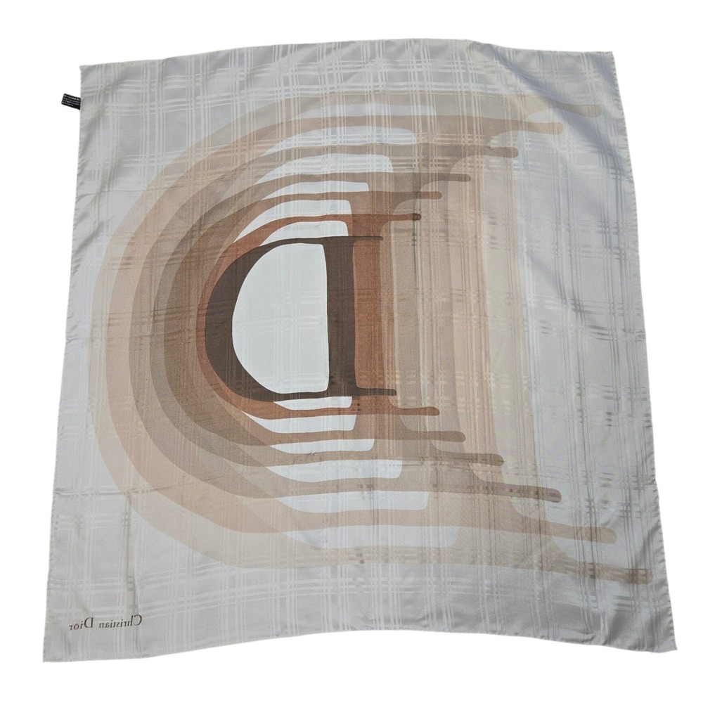 Christian Dior Silk Scarf Grey Brown Plaid Oversized D Logo Square Neck Scarf - Picture 2 of 7